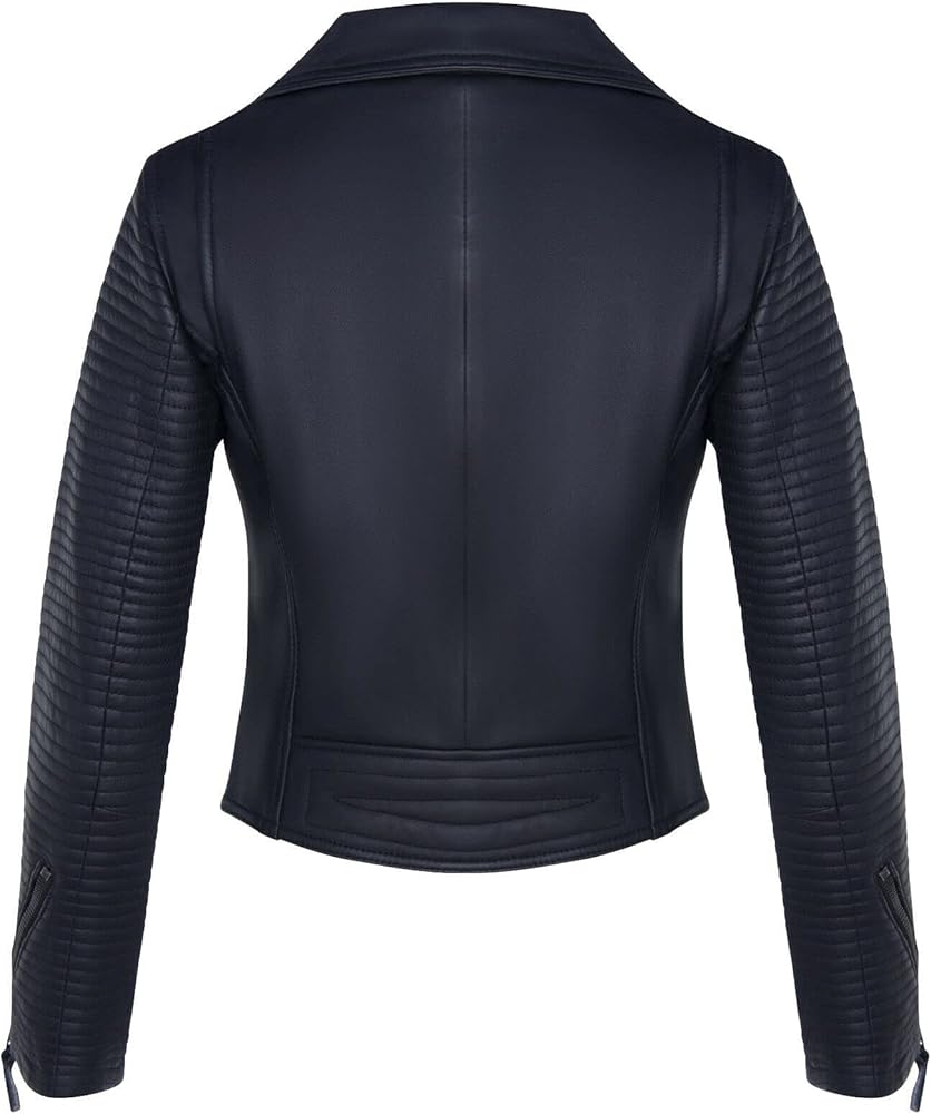 Ladies Leather Biker Jacket Quilted Matt Black Real Lamb Nappa